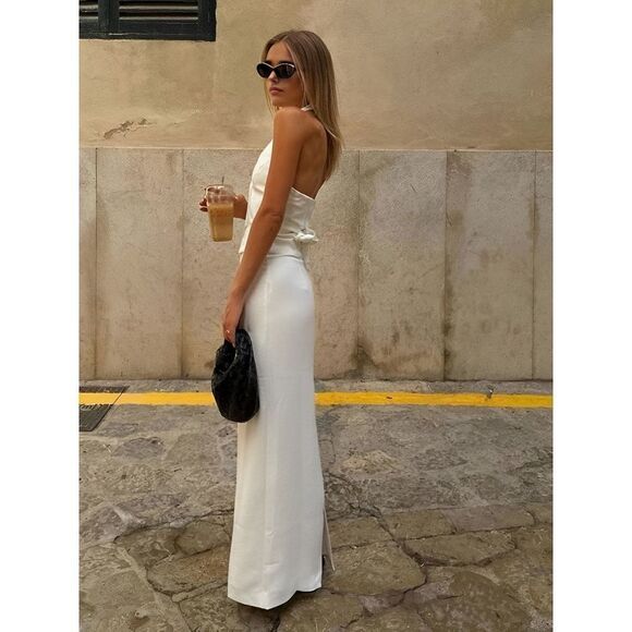 Commense Solid V-Neck Backless Tie Up Halter & Split Maxi Skirt Set white SZ M/6 - Picture 4 of 5